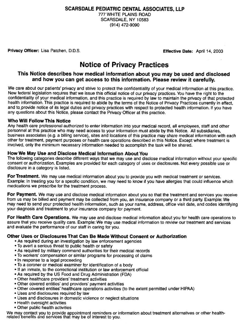 HIPPA Privacy Form page one